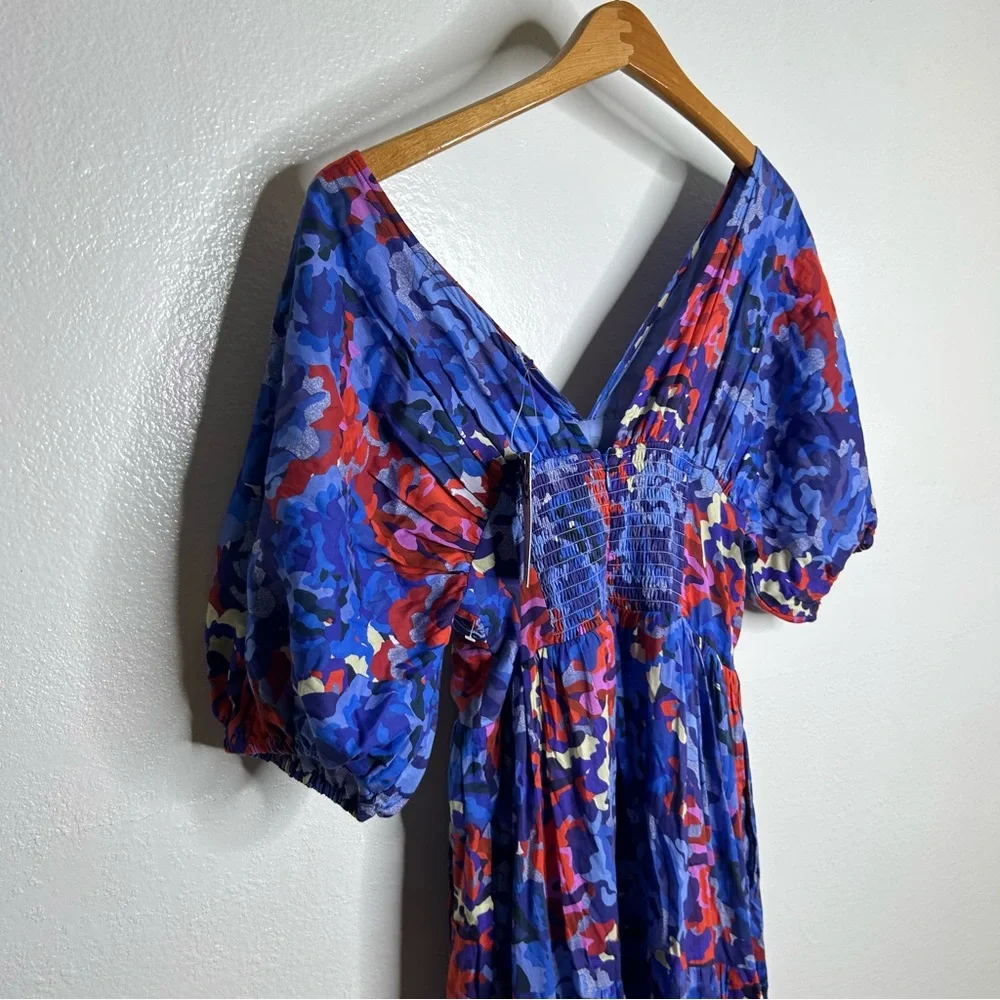 NWT Ro's Garden 100% Cotton Blue Red Floral Puff Sleeve Nieves Maxi Dress Small